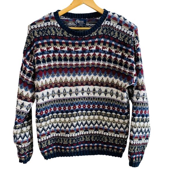 Vintage Size L Mens All Over Print Crew Neck Pullover Sweater Cotton Made in USA - Picture 1 of 9